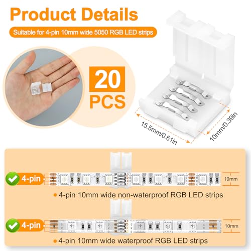 Pmxary 20Pcs 4 Pin LED Strip Connectors for 10mm Wide RGB LED Strip Lights, Solderless Unwired LED Light Connectors, Easily Extend or Splice SMD 5050 Multicolor Strips - Image 2