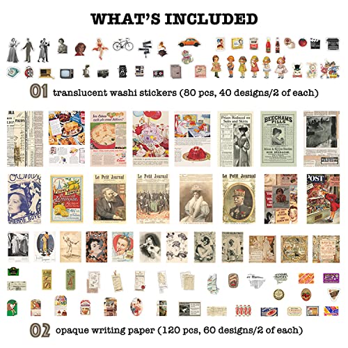 Knaid Vintage Scrapbook Supplies Pack (200 Pieces) for Junk Journal Bullet Journals Planners Aesthetic Paper Stickers Craft Kits Cottagecore Collage Album (Retro) - Image 2