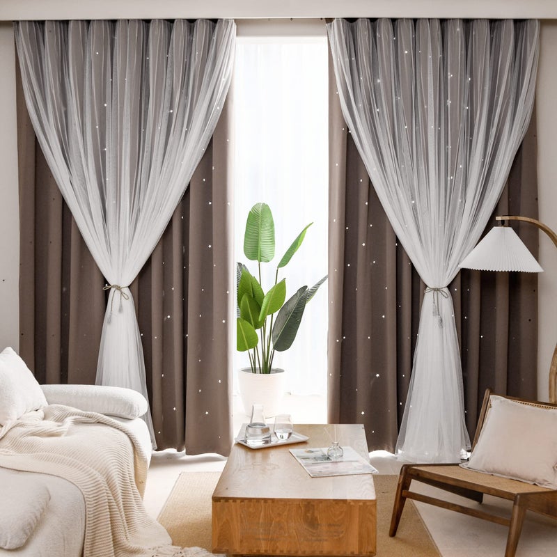 Kinryb Kids Blackout Curtains for Bedroom/Living Room/Classroom, Sheer Overlay Small 2 Panel Set, Double Layer Curtains with Star Cutout for Kids Room(W 52 x L 45 Inches,Coffe 2 Pcs) - Image 4