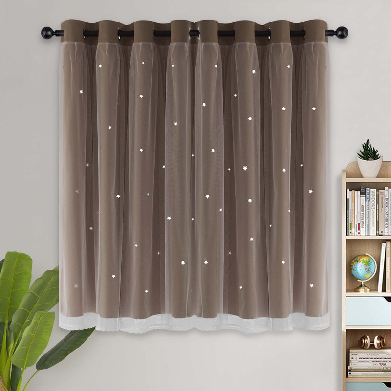 Kinryb Kids Blackout Curtains for Bedroom/Living Room/Classroom, Sheer Overlay Small 2 Panel Set, Double Layer Curtains with Star Cutout for Kids Room(W 52 x L 45 Inches,Coffe 2 Pcs) - Image 2