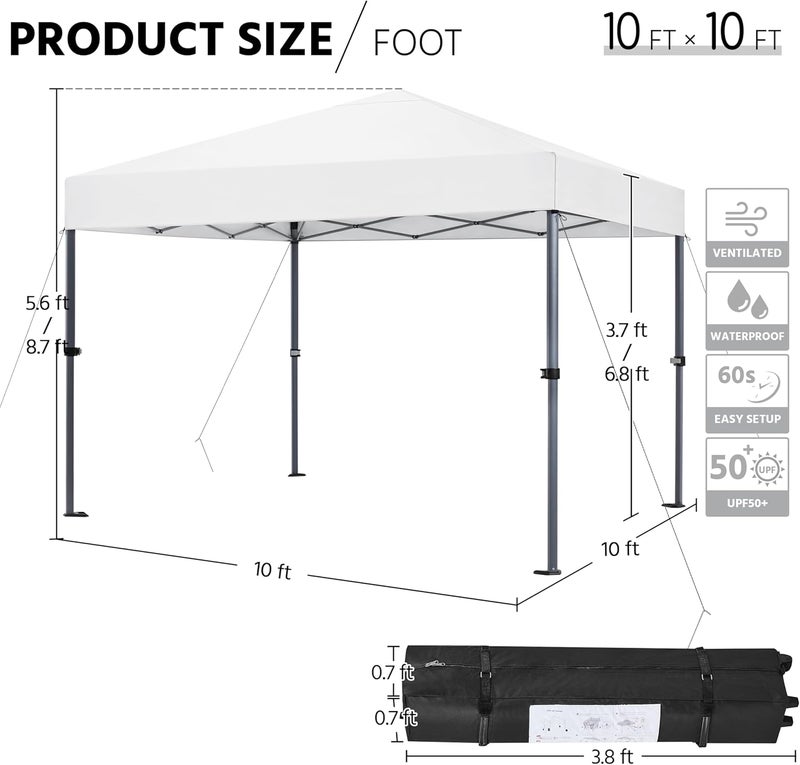 73Hours 10x10 1-Person Setup Pop Up Canopy Tent, Instant Portable Commercial Canopy Tent, Outdoor Gazebo with 1-on Push, Wheeled Bag  4 Sandbags for Home, Party  Outdoor Activities, White - Image 3