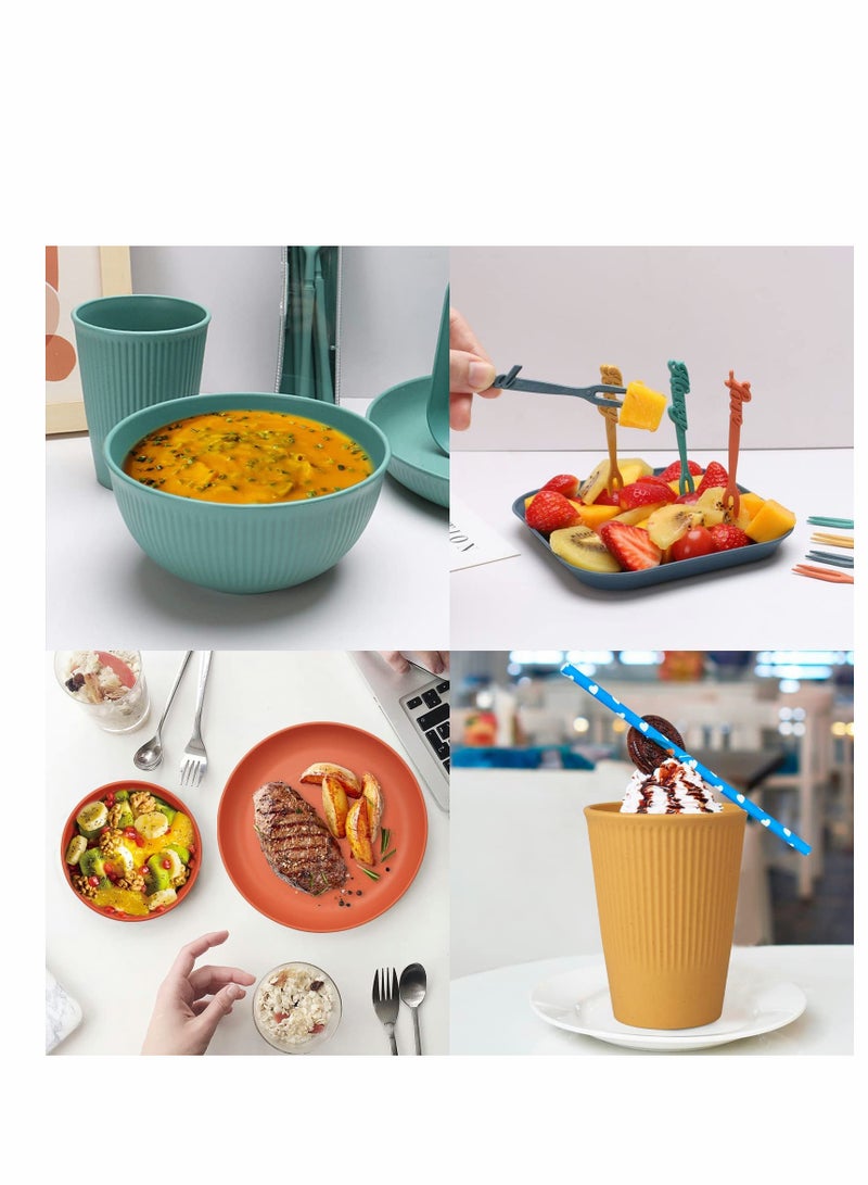 SYOSI طقم أدوات تناول الطعام غير القابلة للكسر ٤٨ قطعة لأربعة أشخاص لوحات وأوعية تخييم بلاستيكية وعيون للنزهات خفيفة الوزن متعددة الألوان أكواب تقديم للشواء وأدوات مائدة وشوك - Image 3