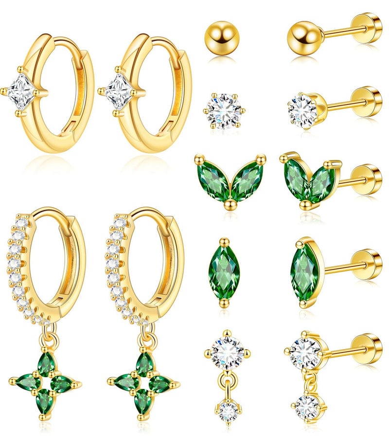 VAMA FASHIONS 7 Pairs 18K Gold Plated Stainless Steel CZ Green Emerald Stone Hoops Ear Studs Hypoallergenic Anti Tarnish Lightweight Earrings Combo Set for Women & Girls - Image 1