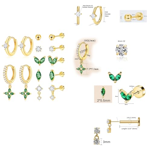 VAMA FASHIONS 7 Pairs 18K Gold Plated Stainless Steel CZ Green Emerald Stone Hoops Ear Studs Hypoallergenic Anti Tarnish Lightweight Earrings Combo Set for Women & Girls - Image 3