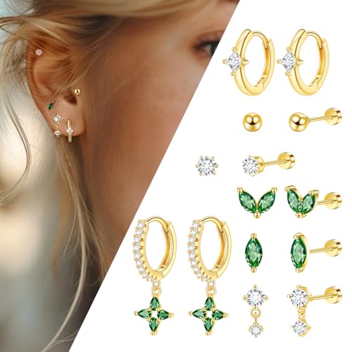 VAMA FASHIONS 7 Pairs 18K Gold Plated Stainless Steel CZ Green Emerald Stone Hoops Ear Studs Hypoallergenic Anti Tarnish Lightweight Earrings Combo Set for Women & Girls - Image 5