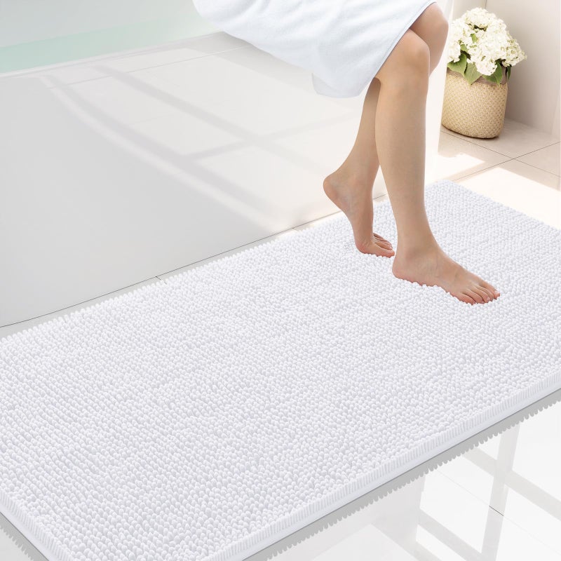 Smiry Luxury Chenille Bathroom Rugs 47x24 Extra Soft and Absorbent Shaggy Bath Mat Machine Washable NonSlip Plush Carpet Runner for Tub Shower and Floor Home Decor Accessories White