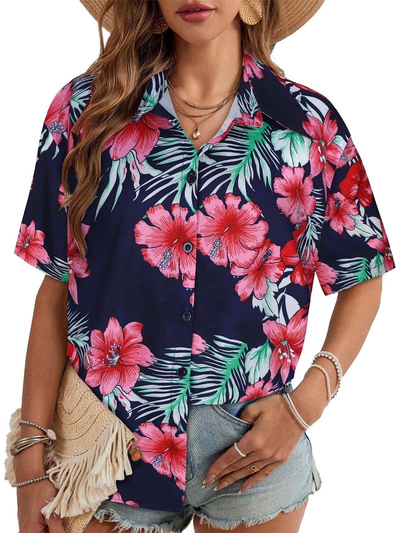 CHICGAL Women Hawaiian Shirt Button Down Summer Tops Beach Cool Short Sleeve V Neck Blouse(Pink Navy Floral,L) - Image 1