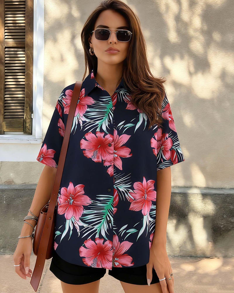 CHICGAL Women Hawaiian Shirt Button Down Summer Tops Beach Cool Short Sleeve V Neck Blouse(Pink Navy Floral,L) - Image 2