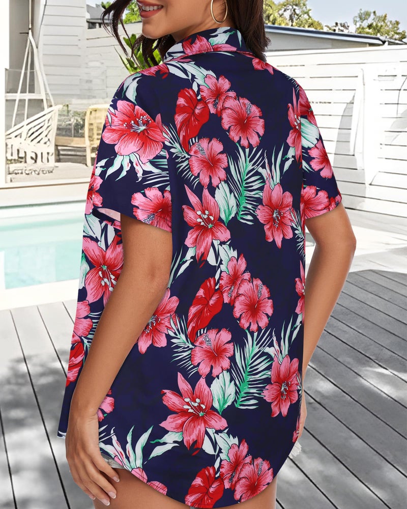 CHICGAL Women Hawaiian Shirt Button Down Summer Tops Beach Cool Short Sleeve V Neck Blouse(Pink Navy Floral,L) - Image 5