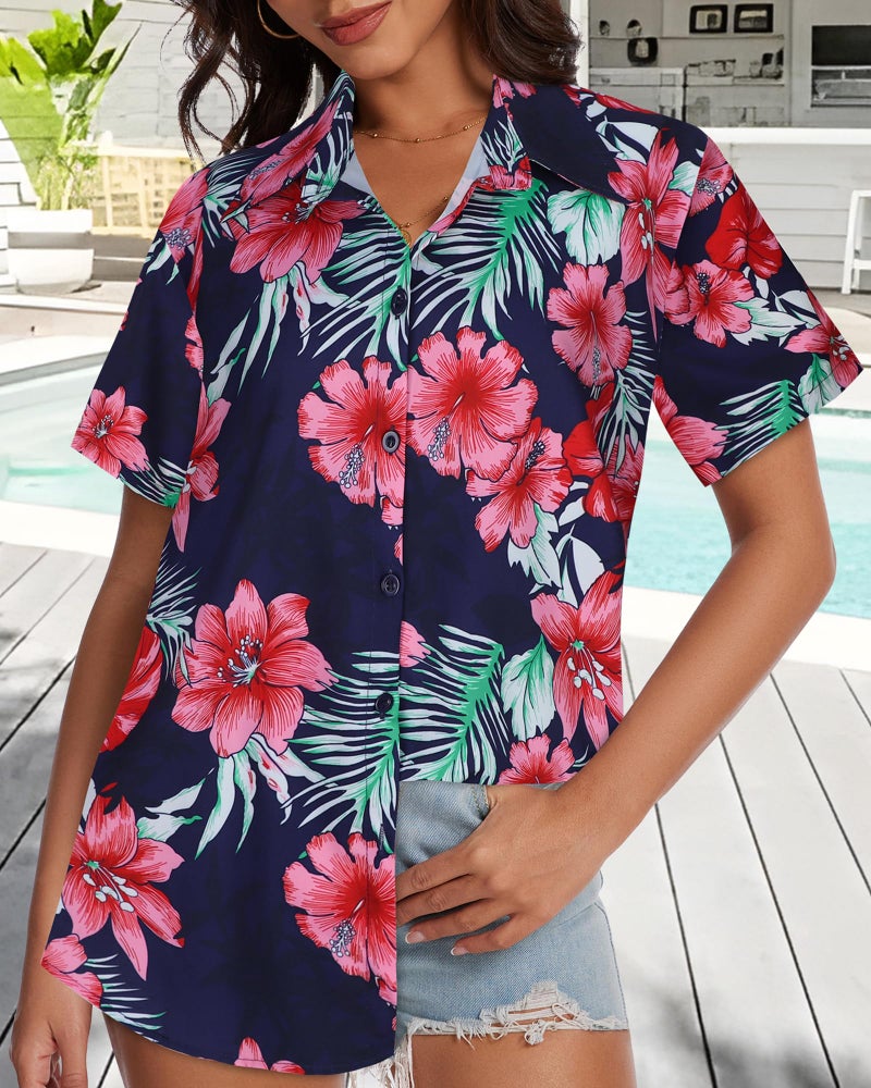 CHICGAL Women Hawaiian Shirt Button Down Summer Tops Beach Cool Short Sleeve V Neck Blouse(Pink Navy Floral,L) - Image 3