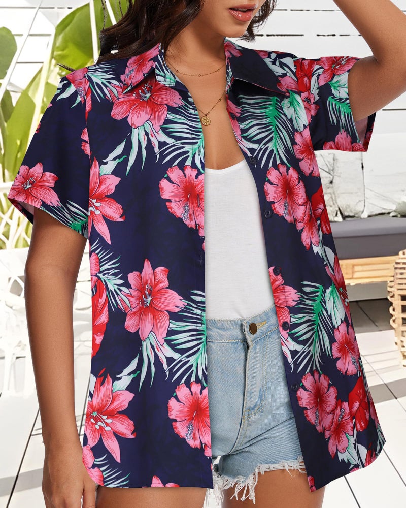 CHICGAL Women Hawaiian Shirt Button Down Summer Tops Beach Cool Short Sleeve V Neck Blouse(Pink Navy Floral,L) - Image 4