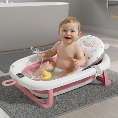 Safe-O-Kid Baby Bath Tub with 1-Year Warranty | Foldable & Portable | Travel-Friendly, Space-Saving Design | Easy to Store | Suitable for Newborns & Kids (0–5 Years) – Pink - Image 1