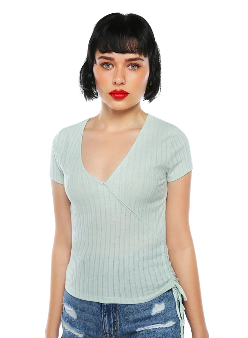 London Rag Green Solid Rib Knit Wrap Top