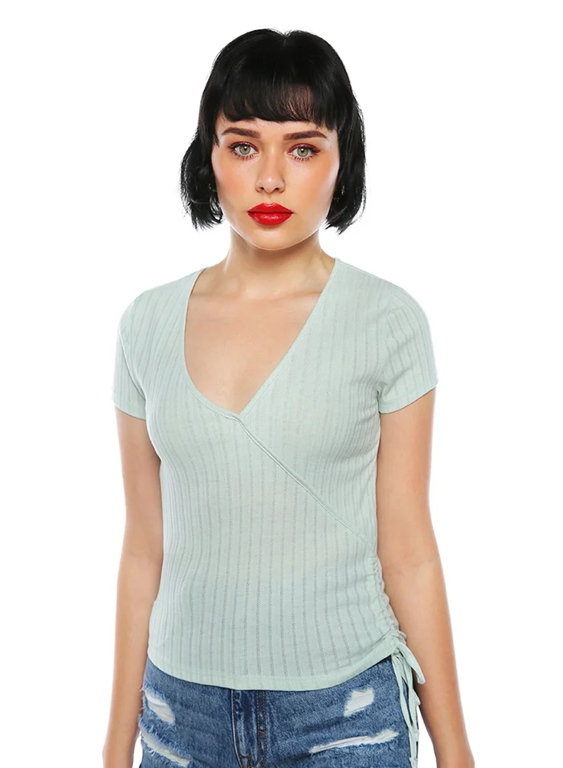 Green Solid Rib Knit Wrap Top