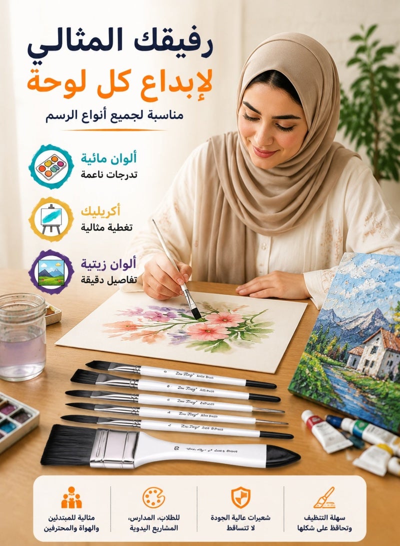 زو تينج طقم فرش رسم احترافي مكون من 6 قطع – فرش نايلون للرسم بالأكريليك والألوان المائية والزيتية – مثالي للمبتدئين والطلاب والهوايات الفنية - Image 4