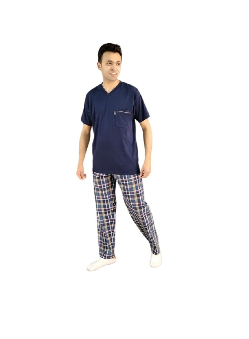 جت بيجامة رجالي بقميص نص كم رقبة سبعة البنطلون بتصميم كاروه- كحلي  - Image 3