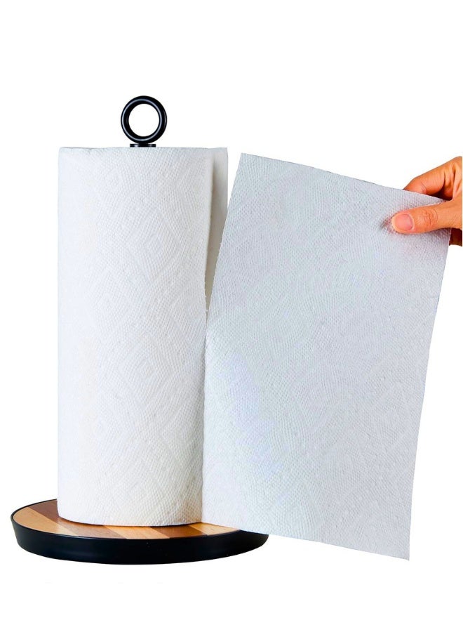 حامل مناشف ورقية على سطح الطاولة بقاعدة مرجحة، حامل مناديل مطبخ من الفولاذ المقاوم للصدأ والخشب لتنظيم الحمام والمطبخ، حامل مناشف ورقية على طراز المزرعة لطاولة المنزل - Image 1