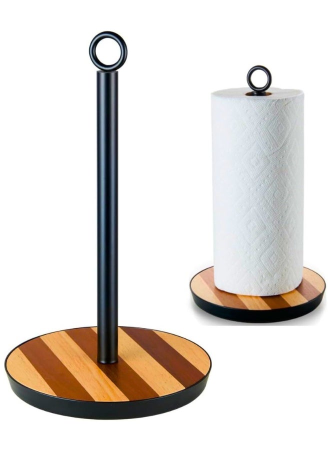 حامل مناشف ورقية على سطح الطاولة بقاعدة مرجحة، حامل مناديل مطبخ من الفولاذ المقاوم للصدأ والخشب لتنظيم الحمام والمطبخ، حامل مناشف ورقية على طراز المزرعة لطاولة المنزل - Image 2