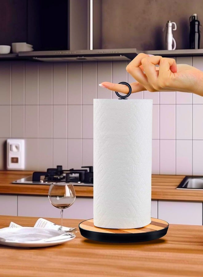 حامل مناشف ورقية على سطح الطاولة بقاعدة مرجحة، حامل مناديل مطبخ من الفولاذ المقاوم للصدأ والخشب لتنظيم الحمام والمطبخ، حامل مناشف ورقية على طراز المزرعة لطاولة المنزل - Image 3