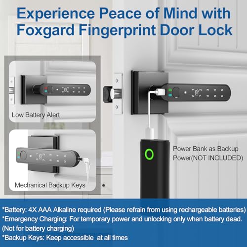Foxgard Smart Fingerprint Door Lock:Fingerprint Door Knob-Biometric 5-in-1 Finger Print Door Lock-Thumb Print Door Knob for Bedroom-APP Control-Easy Installation–Square Black–1 Pack - Image 5