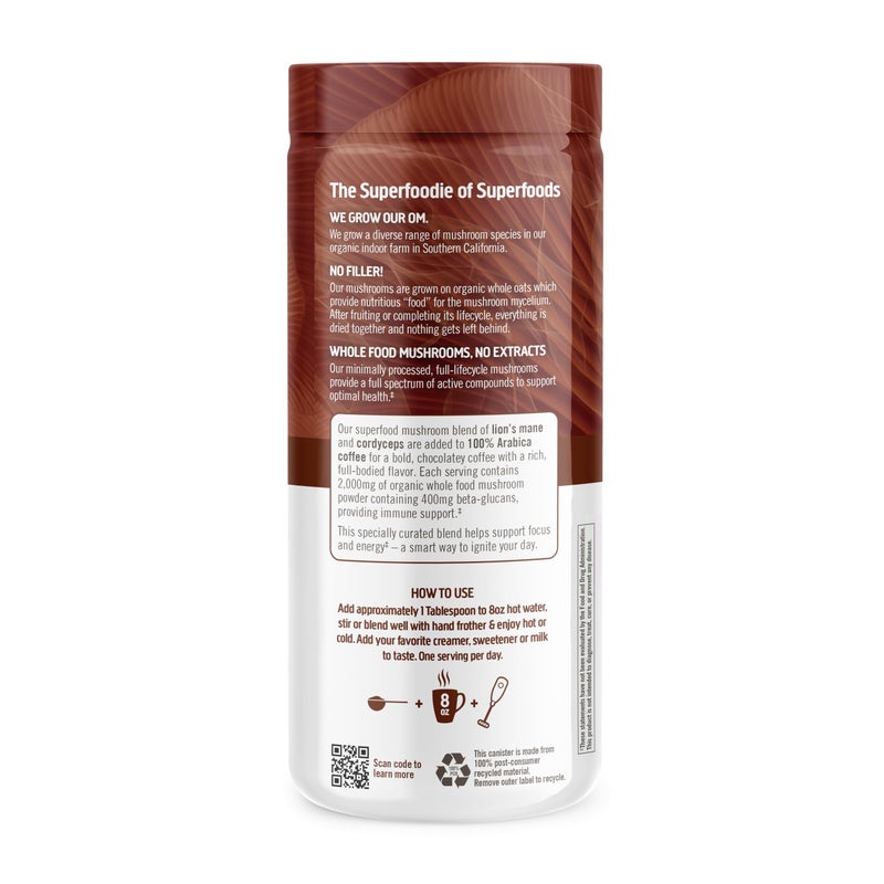 OM Mushroom Superfood Coffee Blend Mushroom Powder, 6.24 Ounce Canister, 30 Servings, Organic Arabica Beans, Lion's Mane, Cordyceps, Turkey Tail, Ginkgo Biloba, Supports Energy and Focus - Image 2