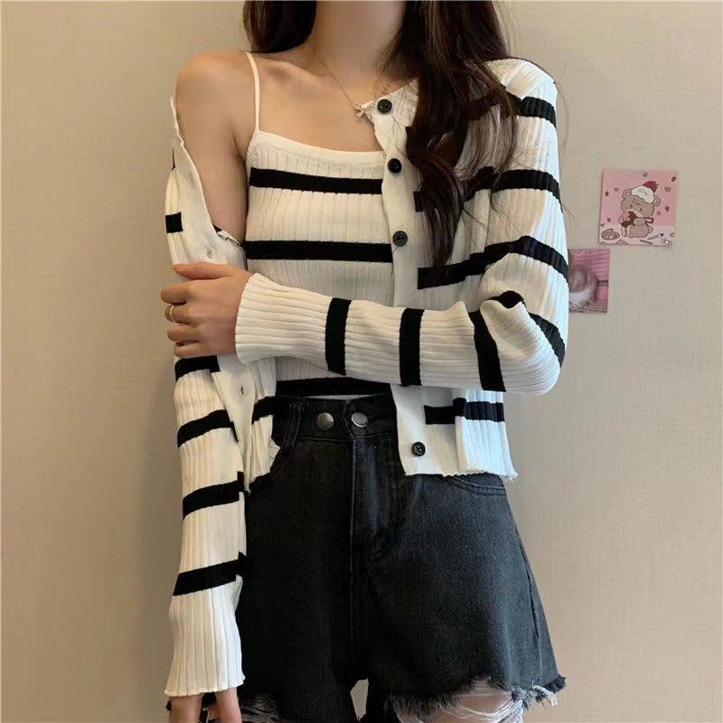Striped Knit Cardigan  Tank Top Set for Women 6A76-1 white/black vest 
