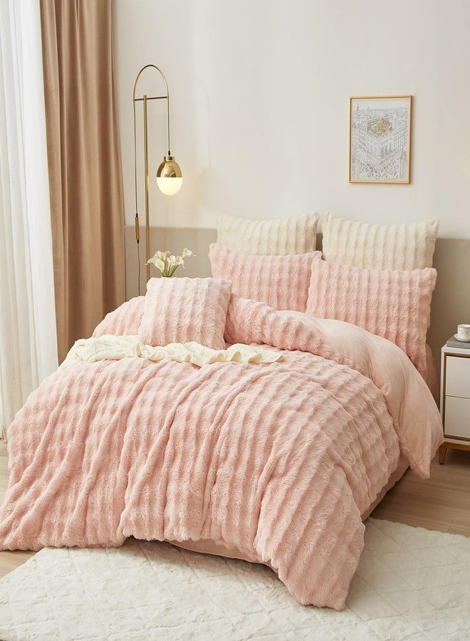 YASMENG Fluffy Faux Rabbit Fur Duvet Cover Set Queen Size Blush Pink, Luxury Soft Plush Shaggy Comforter Cover for Cold Winter Spring Fall, 3pcs Girls Velvet Fuzzy Furry Bedding Sets Pink - Image 3