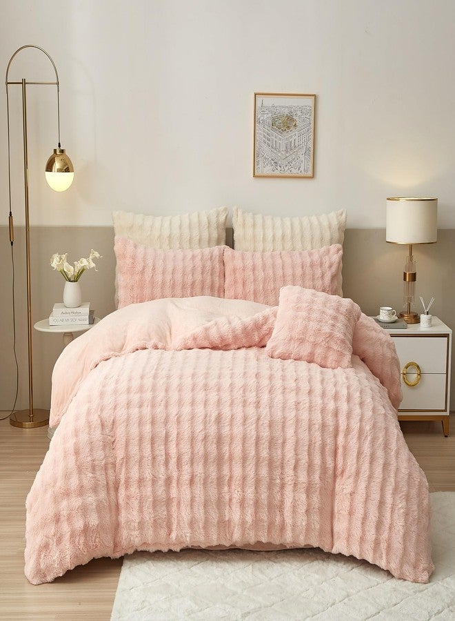 YASMENG Fluffy Faux Rabbit Fur Duvet Cover Set Queen Size Blush Pink, Luxury Soft Plush Shaggy Comforter Cover for Cold Winter Spring Fall, 3pcs Girls Velvet Fuzzy Furry Bedding Sets Pink - Image 2