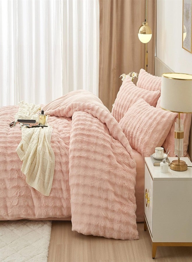 YASMENG Fluffy Faux Rabbit Fur Duvet Cover Set Queen Size Blush Pink, Luxury Soft Plush Shaggy Comforter Cover for Cold Winter Spring Fall, 3pcs Girls Velvet Fuzzy Furry Bedding Sets Pink - Image 4