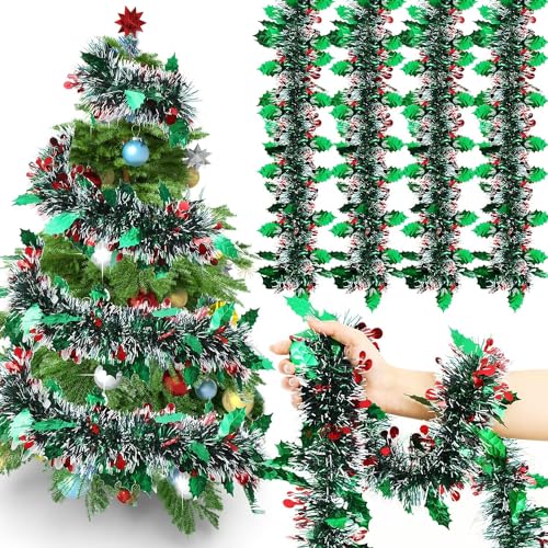KRIWIN 6 pcs Artificial Tinsel Garlands Length-5.5 ft for Christmas Decor, Home Office Party Decoration (Cherry) - Image 1