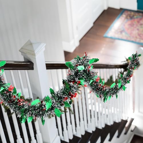 KRIWIN 6 pcs Artificial Tinsel Garlands Length-5.5 ft for Christmas Decor, Home Office Party Decoration (Cherry) - Image 4