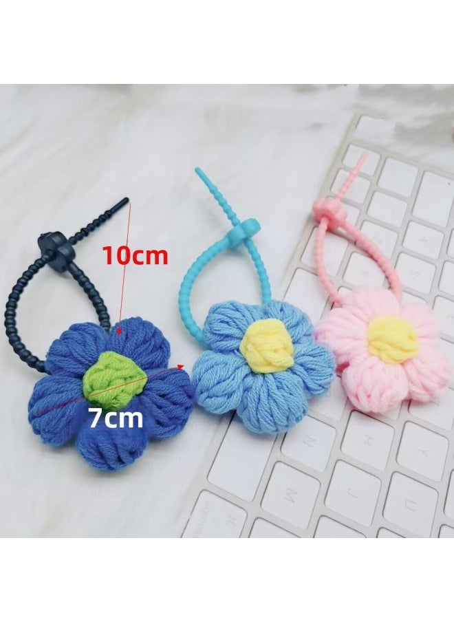 Colorful Wool Flower Car Keychain Pendant Creative Small Fresh Listing Accessories Bag Decoration-Specifications:Custard  - Image 3