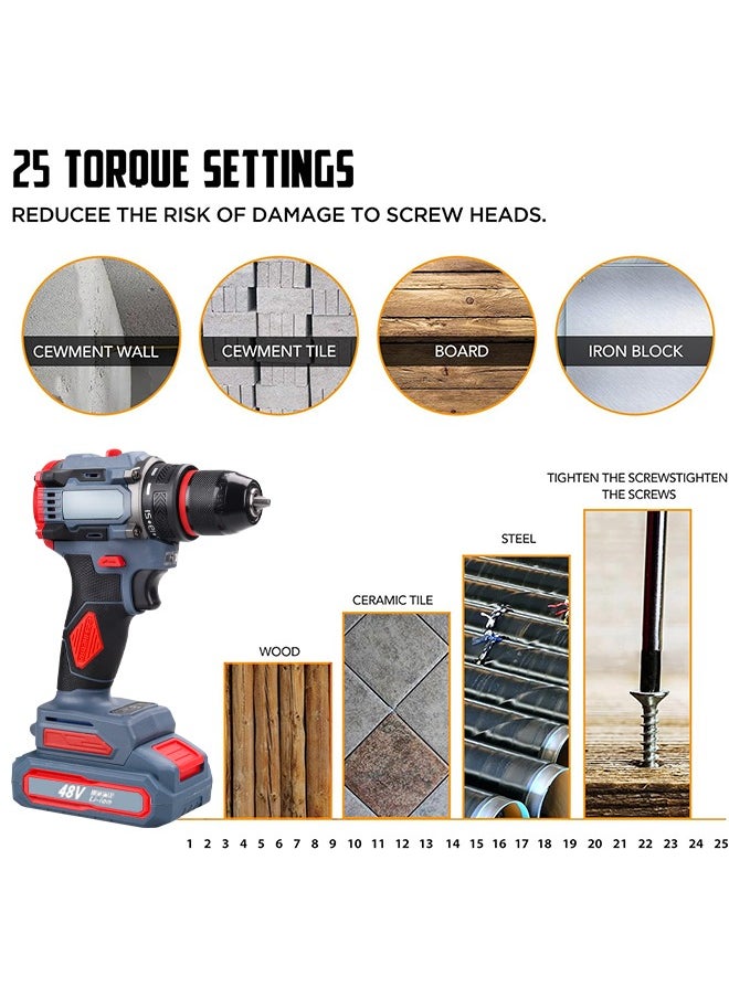 Favarey - 48V Cordless Drill Set, Electric Drill with 2 Batteries and Charger, Electric Screwdriver Power Drill Drivers with 2 Speed, 25 Torque Setting,Storage Case Included - Image 1