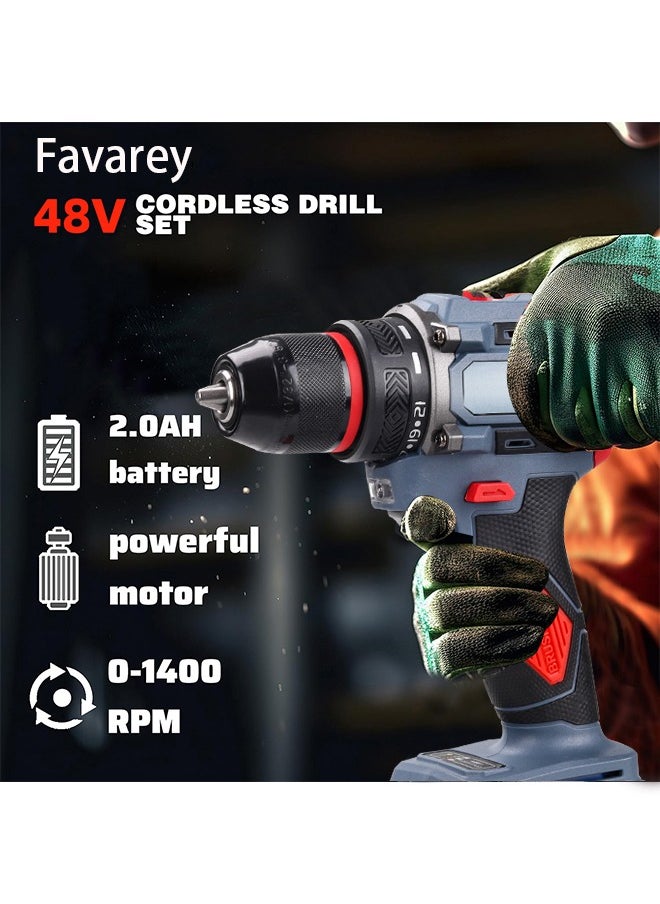Favarey - 48V Cordless Drill Set, Electric Drill with 2 Batteries and Charger, Electric Screwdriver Power Drill Drivers with 2 Speed, 25 Torque Setting,Storage Case Included - Image 1
