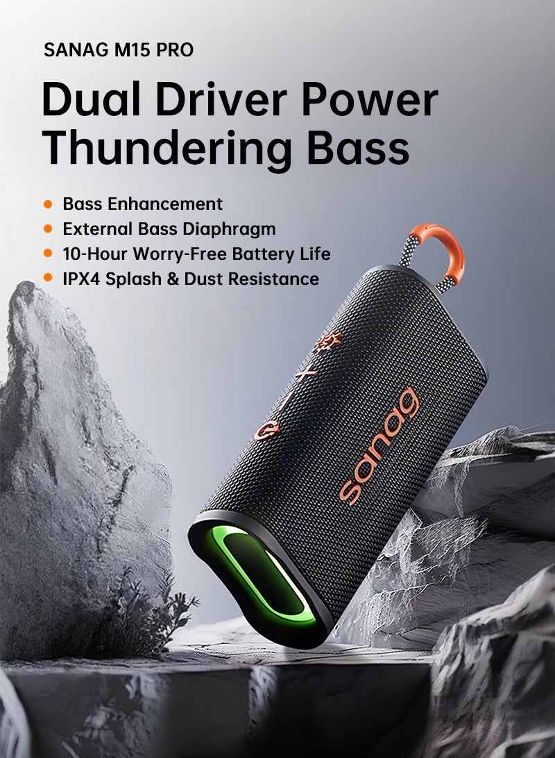 sanag M15 Portable Speaker, Dual 10W Wide Soundstage, Expert-Tuned Bass, 10-Hour All-Day Playback, IPX4 Splashproof, Bluetooth 5.3, Compact Design for Outdoor and Home, Black - Image 2