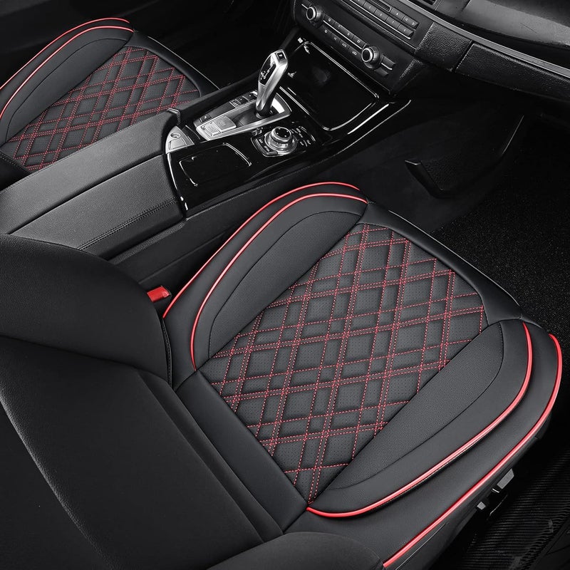 EifBrisa Car Seat Cover Front PU Leather Seat Covers, 2Pcs Universal Bottom Seat Covers for Cars, Red Grid - Image 2