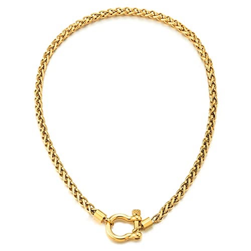 COOLSTEELANDBEYOND Mens Women Steel Gold Color Foxtail Wheat Chain Necklace, Screw Anchor Shackle Nautical Sailor Clasp - Image 1