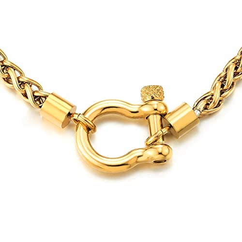 COOLSTEELANDBEYOND Mens Women Steel Gold Color Foxtail Wheat Chain Necklace, Screw Anchor Shackle Nautical Sailor Clasp - Image 4