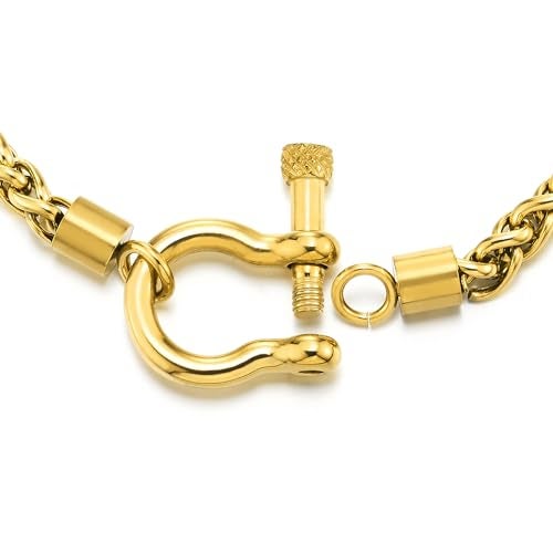 COOLSTEELANDBEYOND Mens Women Steel Gold Color Foxtail Wheat Chain Necklace, Screw Anchor Shackle Nautical Sailor Clasp - Image 5