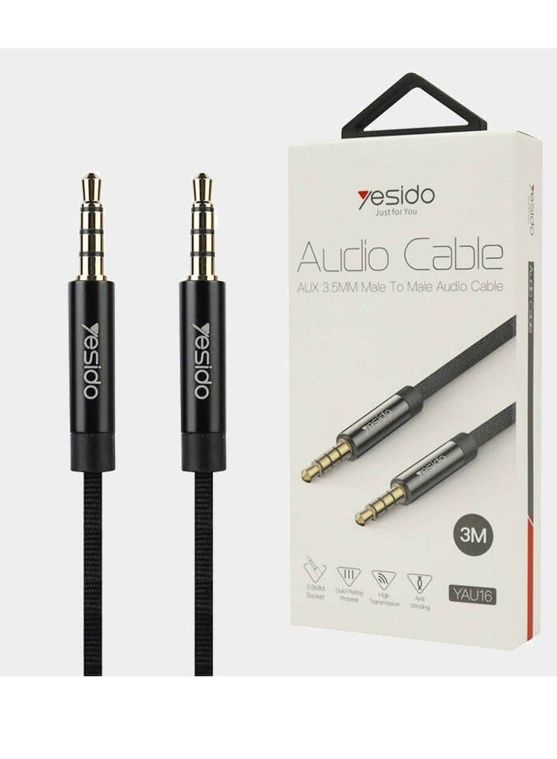 Yesido YAU16 AUX 3M Black – High-Quality 3.5mm Audio Cable for Car, Home, & Headphones – Universal Compatibility with Smartphones, Laptops, Speakers & More – Durable, Tangle-Free & Noise-Reduction Design - Image 3