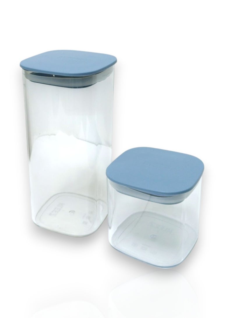 kleez Airtight Food Storage Container Set – 1300cc & 500cc – BPA-Free, Transparent Jars with	Muted blue Lids – Perfect for Storing Coffee, Beans, Pasta, and More – Durable, Stackable, and Ideal for Kitchen & Pantry Organization.  - Image 1