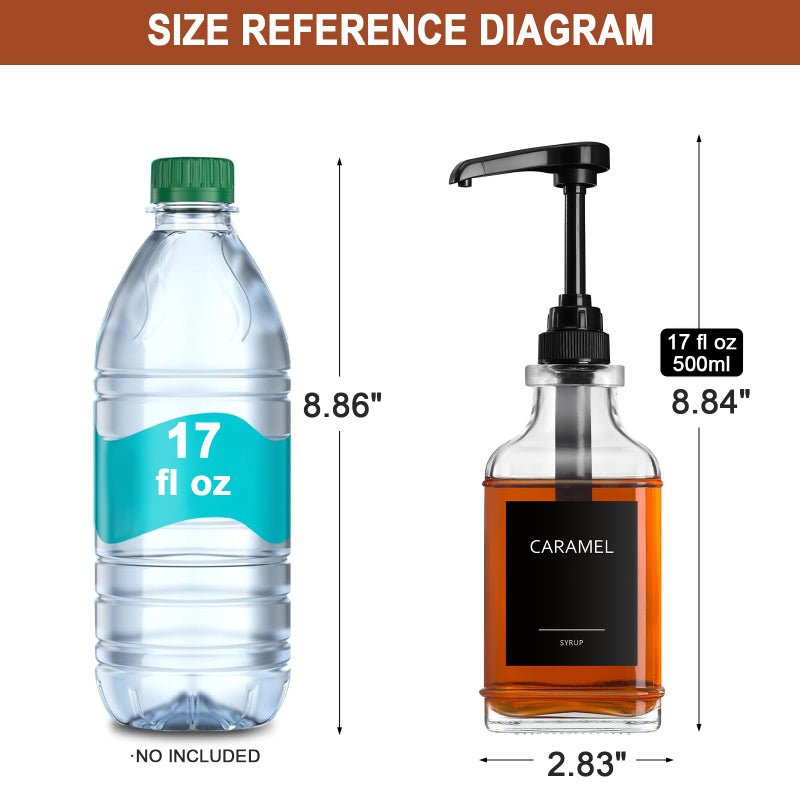 gmisun Syrup Dispenser, 2 Pack 17 Fl oz / 500 ml Square Glass Coffee Syrup Dispenser with Large Capacity Syrup Pump and 36pcs Label Stickers, Modern Coffee Station Accessories for Cafe Bar & Kitchen - Image 2