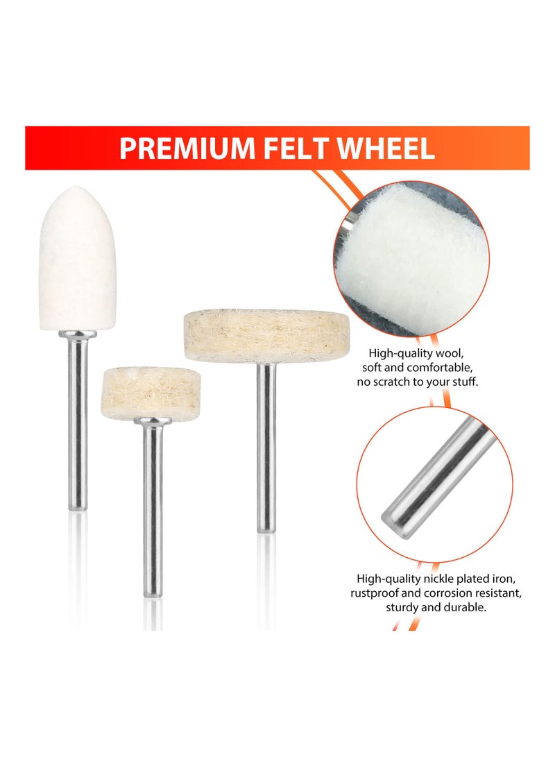 KASTWAVE 110PCS Wool Felt Polishing Pads, Buffing Grinding Wheel Rotary Tool Set with 1/8 Inch Shank & Replacement Polishing Wheels, Point & Mandrel Kit for Drill Plastic Glass Metal Jewelry 9/ 12/ 25mm - Image 2