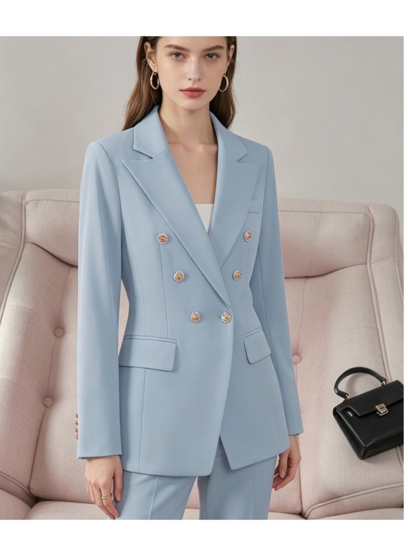 Royal Blue Slim-Fit Suit Women'S Metal Double-Breasted Elegant Commuter Waist Business Suit Jacket - Image 3