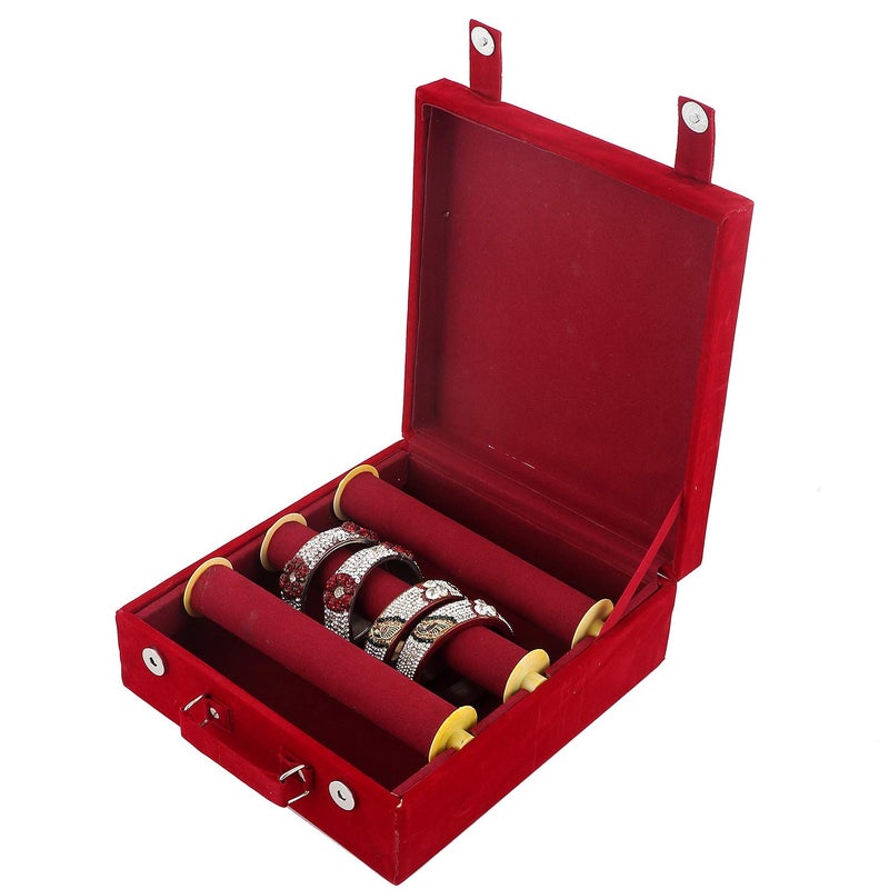 Kuber Industries Kuber Industries Wooden 3 Rod Velvet Bangle Storage Box CTKTC22736 (Maroon)(Square)  - Image 4