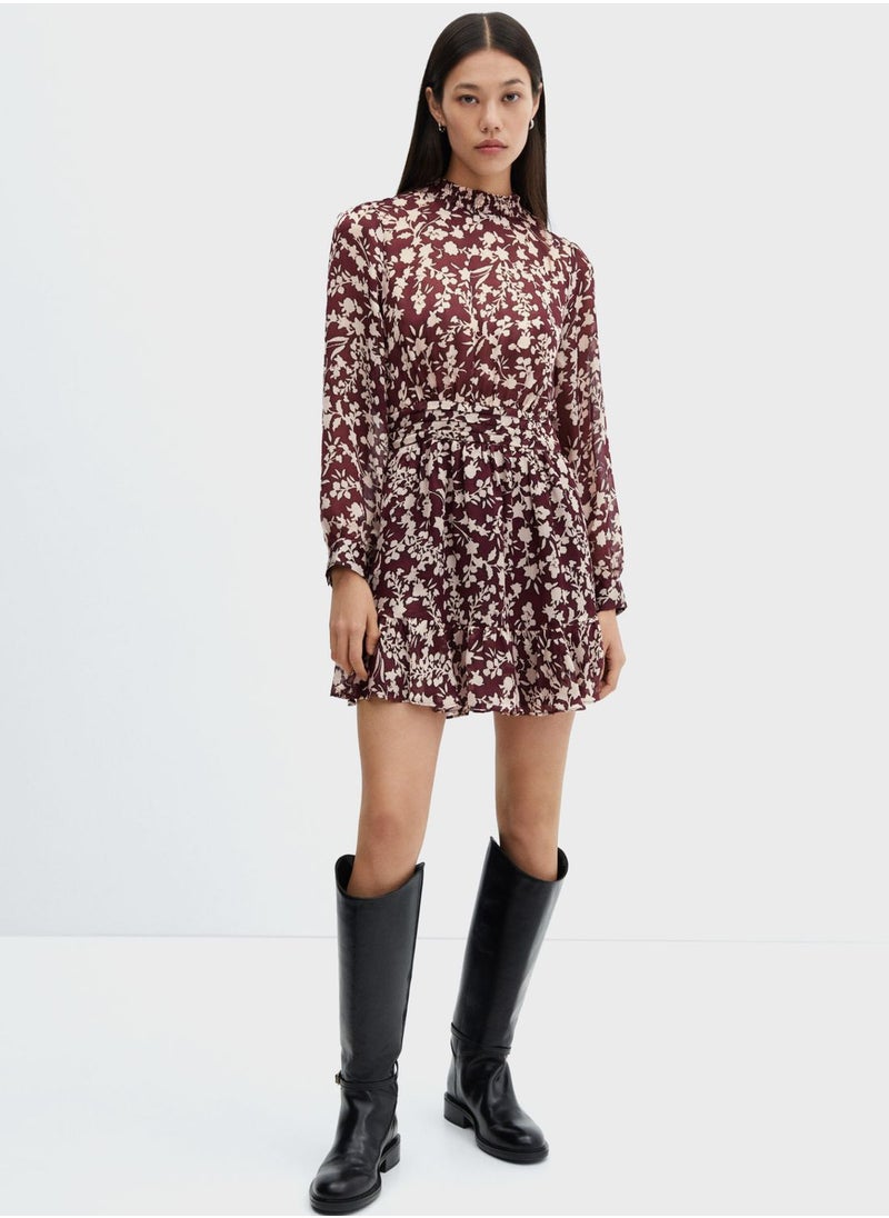 MANGO - Floral Print Ruched Waist Dress - Image 1