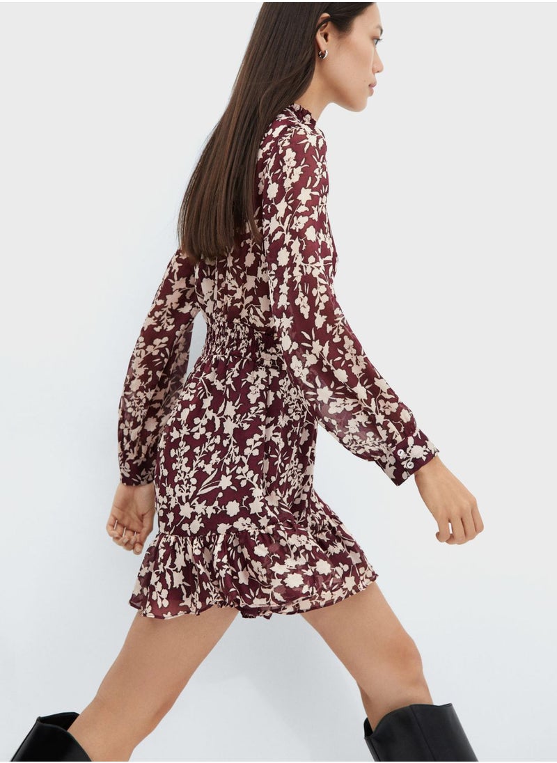 MANGO - Floral Print Ruched Waist Dress - Image 1
