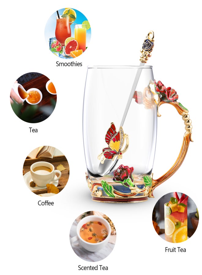 آيسيلي طقم أكواب شاي وقهوة مع ملعقة وقاعدة - أكواب كابتشينو لاتيه جميلة - أكواب زجاجية شفافة معزولة للمشروبات الساخنة/الباردة - هدية أنيقة للأمهات (فراشة حمراء ووردة طويلة) - Image 4