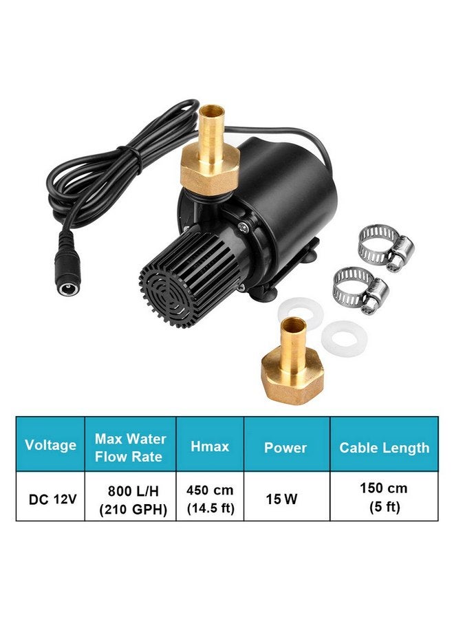 MOUNTAIN_ARK DC 12V 15W Submersible Water Pump with Brass Male Thread Nozzles, Brushless Fountain Circulation Mini Clear Water Pump, 210 GPH, 14½ ft High Lift for Aquarium, Fish Tank Pumping, Rockery - Image 2