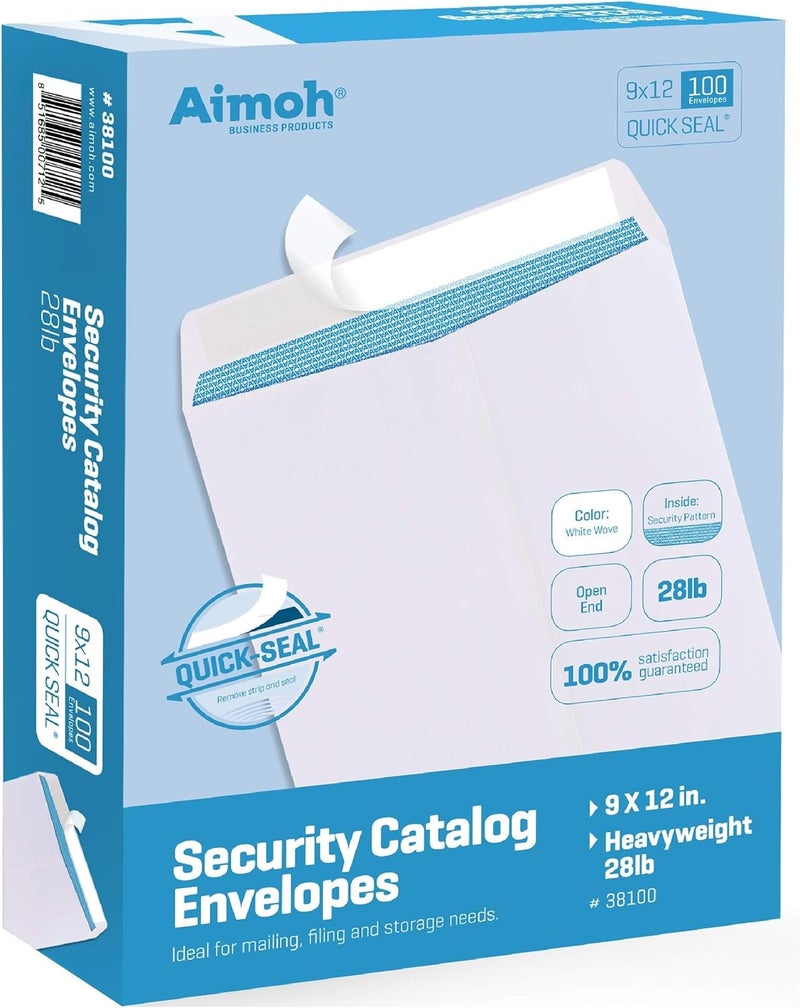 Aimoh 100 9 x 12 SELF Seal Security White Catalog Envelopes - 28lb - Security Tinted, Ultra Strong Quick-Seal, 9x12 inch (38100) - Image 1